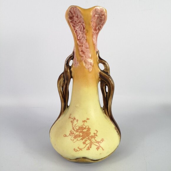 Vintage Miniature Amphora Bud Vase Yellow Pink Brown Floral Teal Inside Boho - Picture 4 of 15